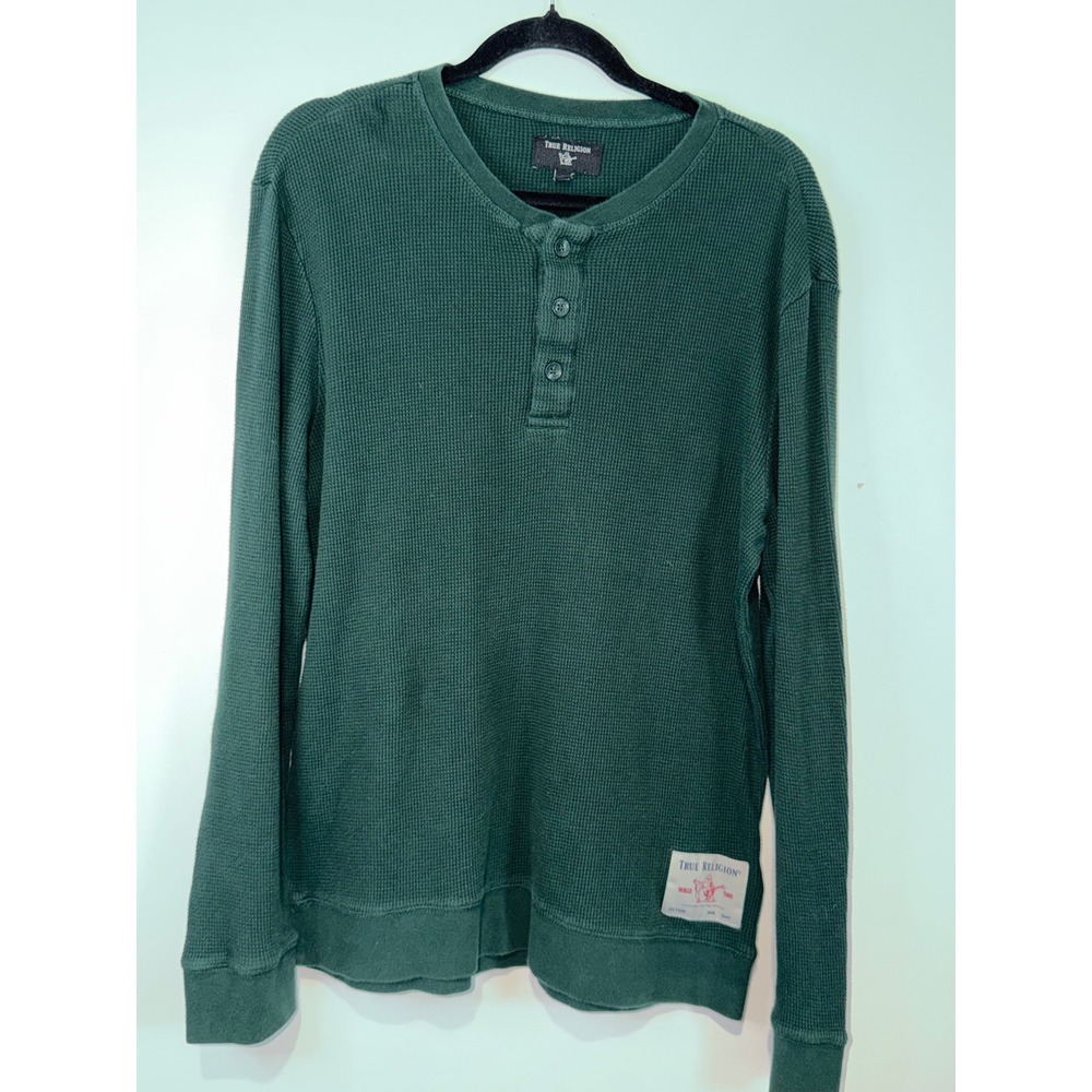 True Religion Mens Forest Green Waffle Knit Henley Thermal Shirt Size Large